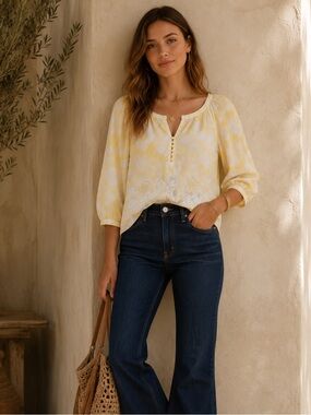 CAbi Yellow Floral Cotton Boho Peasant Blouse Size Small Cottagecore Embroidered